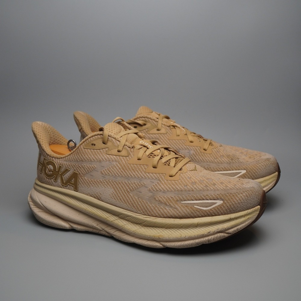 Hoka One One Clifton 9 Running Shoes Mens Tan Brown Mesh Sneakers